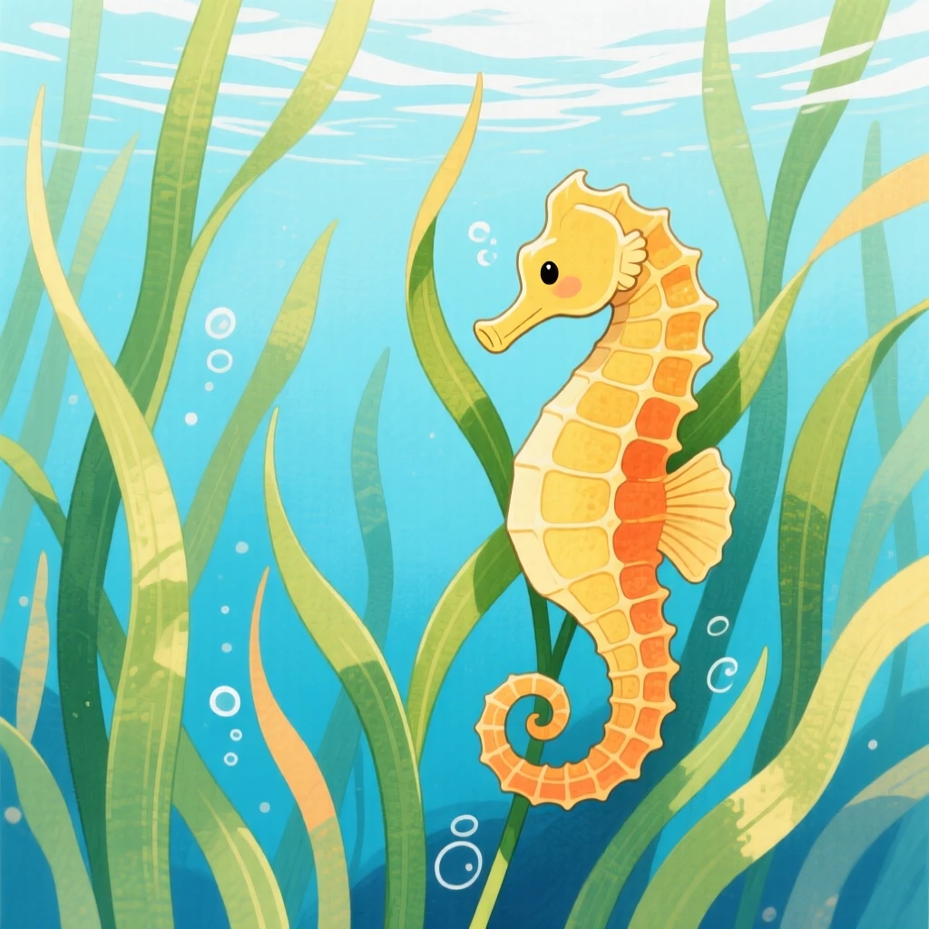 A seahorse resting among swaying sea grass, captured in a moment of quiet wonder.