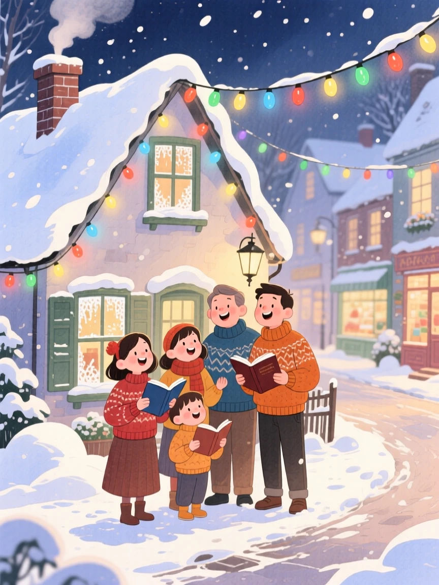 A family caroling together outside a snow-covered cottage, in a quaint village street strung with holiday lights, with everyone dressed in their coziest sweaters, evoking warmth and festive cheer.