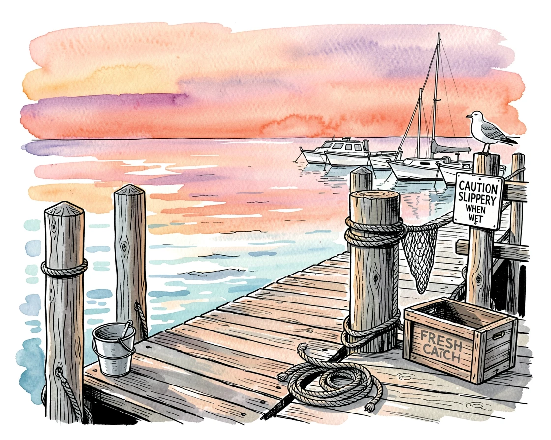 A weathered pier stretching into a calm harbor at sunset, small details of daily life scattered throughout the setting.