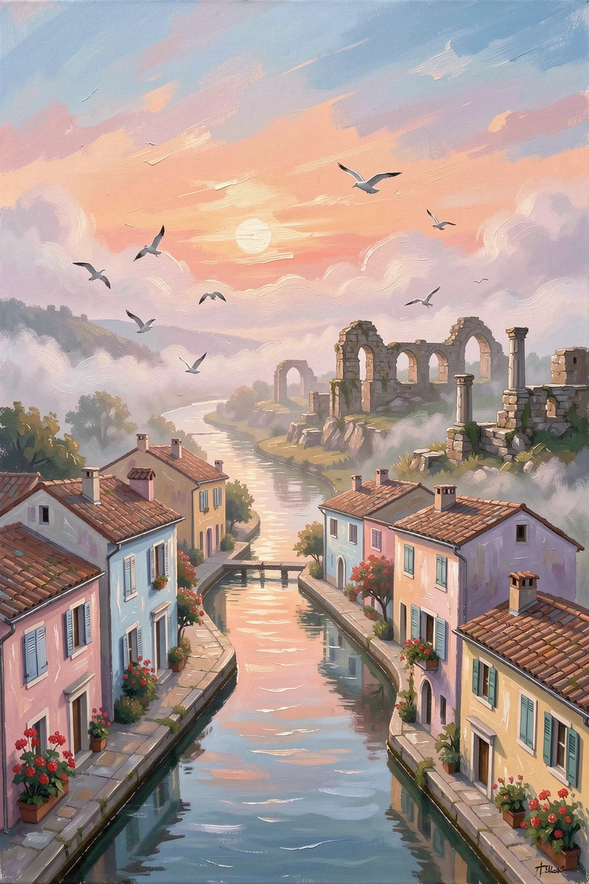 At sunrise, mist rising gently from the surrounding valley, a network of canals lined with pastel-colored houses, overlooking a vast valley dotted with ancient ruins, birds circling above the weathered rooftops.