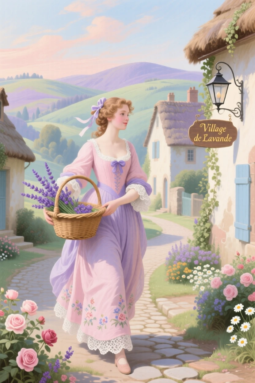 A young woman carrying a basket of lavender through a hillside village  