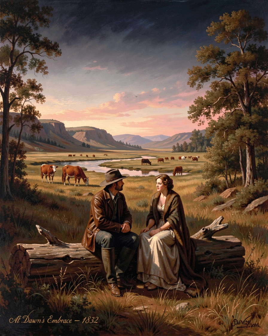 A pair of riders rests near a wide plain dotted with grazing cattle at first light.