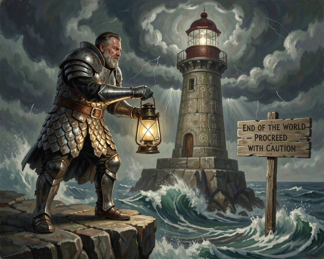A lone lighthouse keeper battling a supernatural storm at the edge of the world, with intricate textures on armor, scales, or ancient stone, evoking wonder, mystery, and epic storytelling