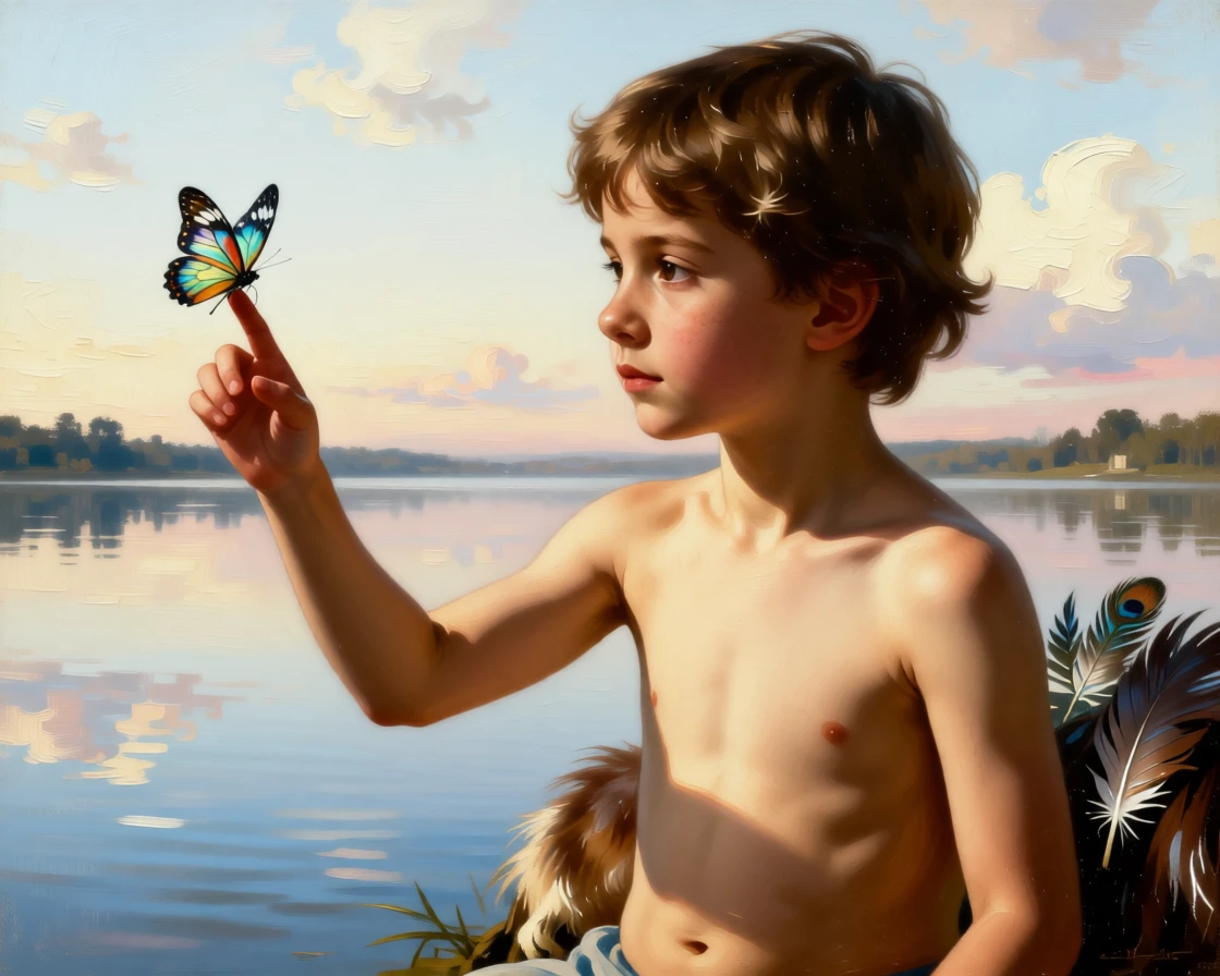 A butterfly resting delicately on a child's outstretched hand captured in a moment of wild grace and quiet power, set beside a still lake reflecting a painterly sky, with feathers, fur, or manes catching the light in fine, luminous detail; soft depth of field isolates the animal against a dreamlike backdrop, suggesting the timeless harmony between nature and spirit.