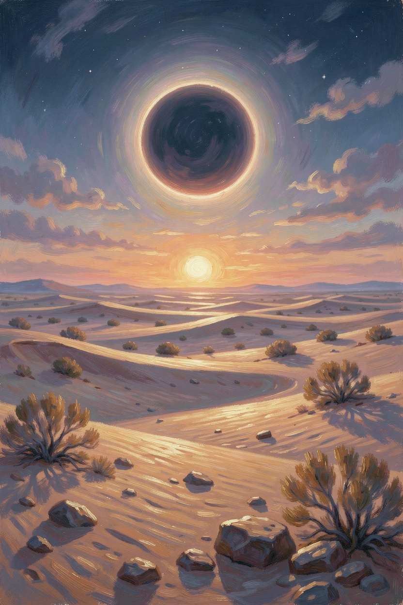 A total solar eclipse casting an eerie twilight over a silent desert landscape, at golden sunrise, capturing a fleeting moment of pure happiness.
