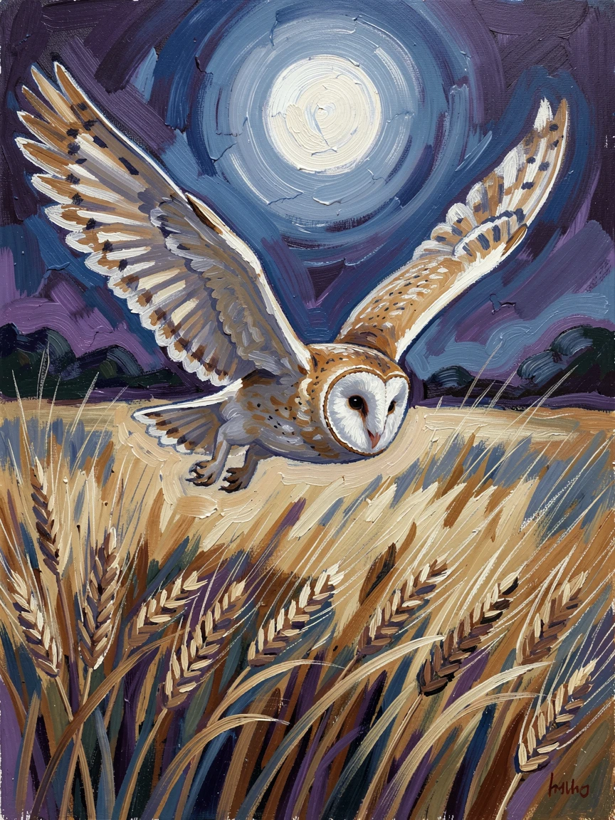 A barn owl swooping silently over a moonlit wheat field in search of prey.
