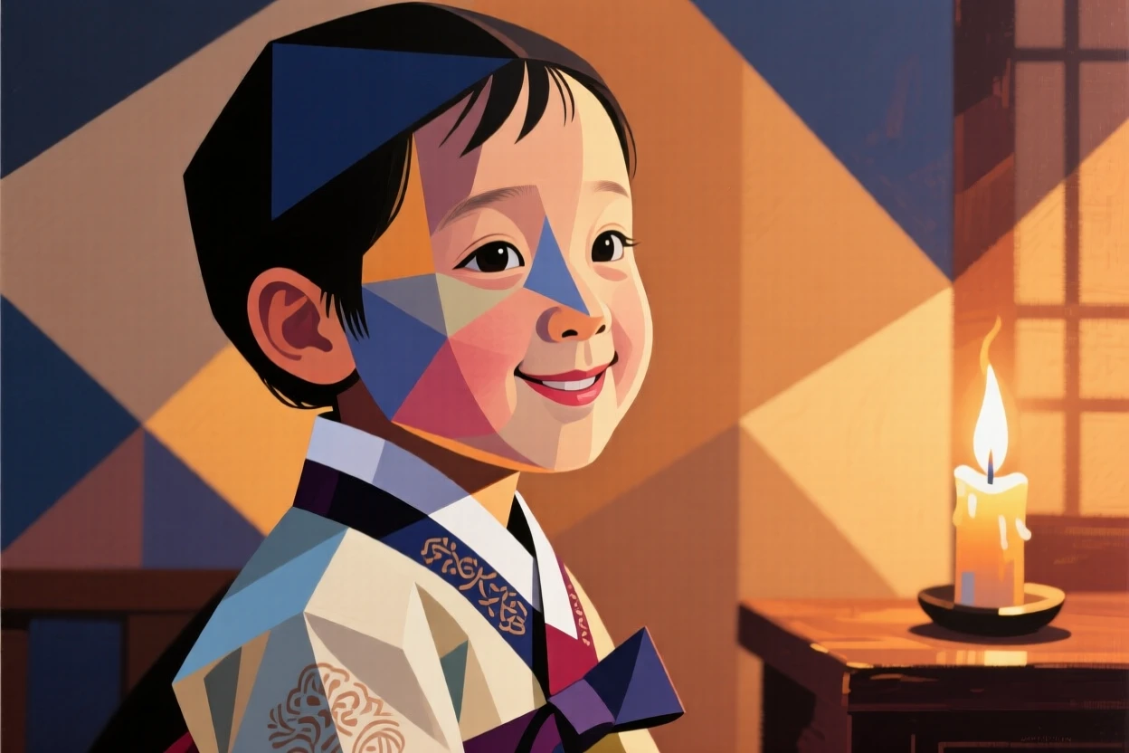A tender close-up study of a young child of Korean heritage looking back over their shoulder with a soft smile, inside a cozy candlelit room.