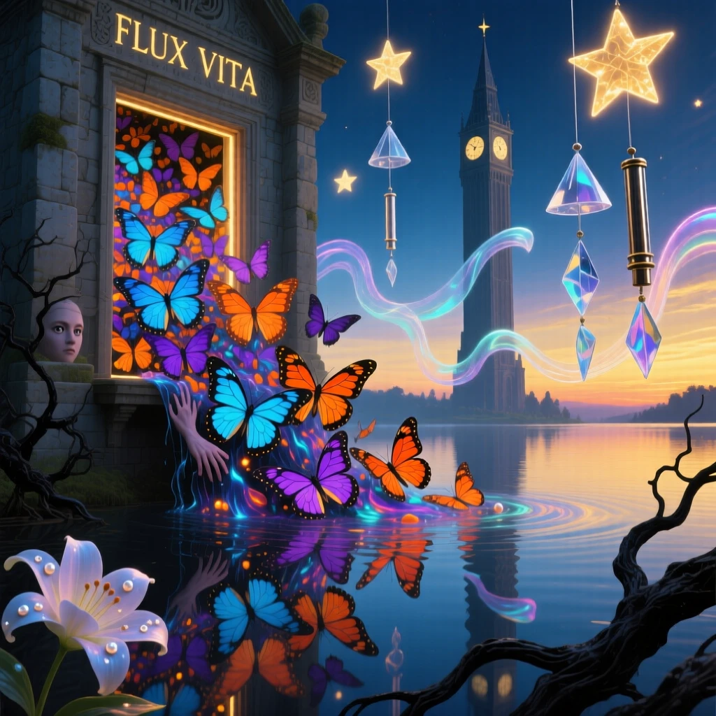 A swarm of butterflies pouring like a river from an open window pauses quietly at the edge of a still and glassy lake, while distant chimes seem to echo with each small movement.