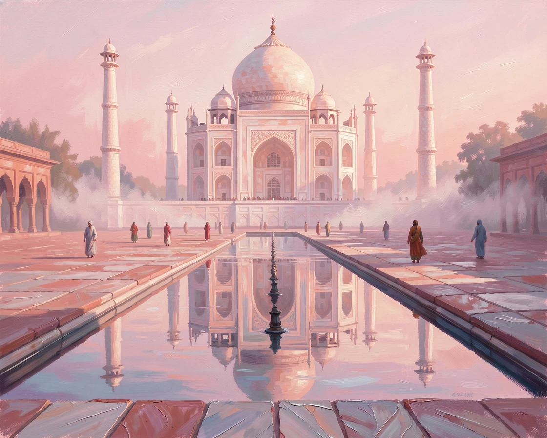 The Taj Mahal glows softly pink at sunrise, perfectly mirrored in the long reflecting pool as mist drifts gently across the marble courtyard, distant figures going about their day, lending the scene a sense of genuine daily life.