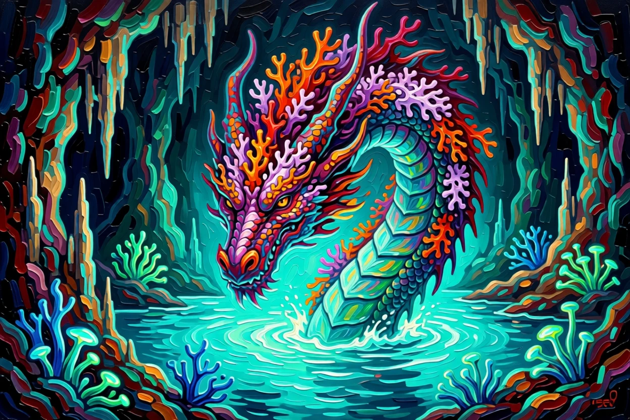 a coral-encrusted sea dragon rising from the depths of a glowing underground lake