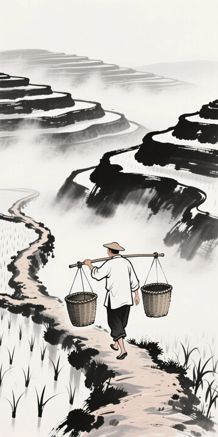 A farmer carries baskets balanced on a shoulder pole along a field path, as mist lingers over the surrounding terraces.