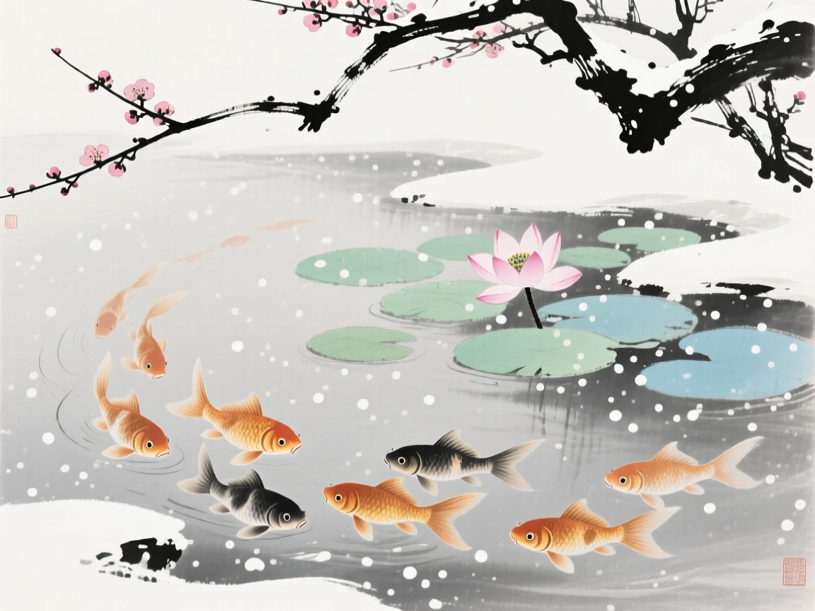 A school of goldfish gliding beneath floating water lilies, as the last plum blossoms cling to bare branches, beneath softly falling snow.