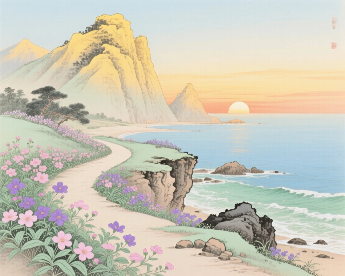 A coastal path lined with wildflowers at sunrise, the first light of sunrise touching the highest peak