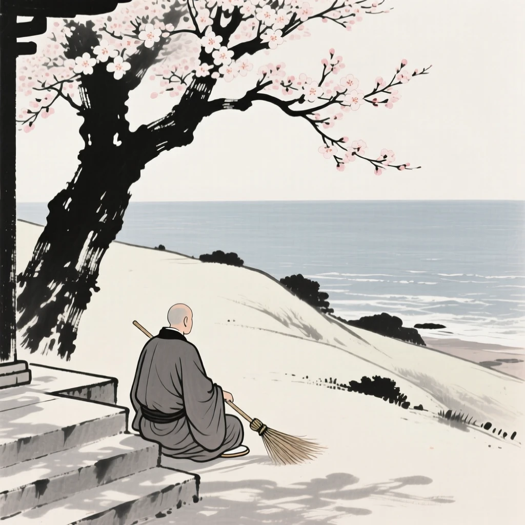 A monk sweeping temple steps resting beneath the shade of a blossoming tree on a hillside overlooking the sea, seen from behind, gazing out toward the horizon, capturing an everyday moment full of gentle humanity.