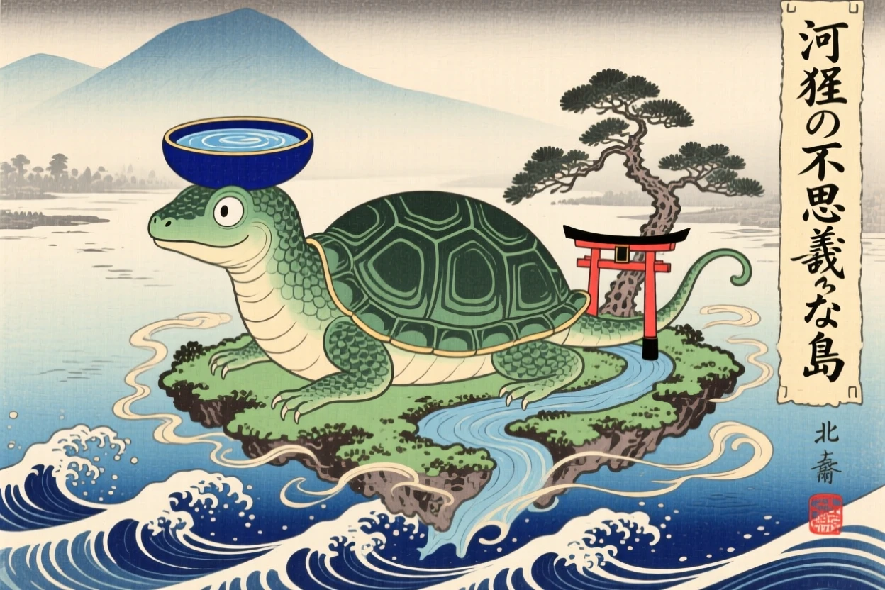A curious kappa carrying a small floating island on its shell.