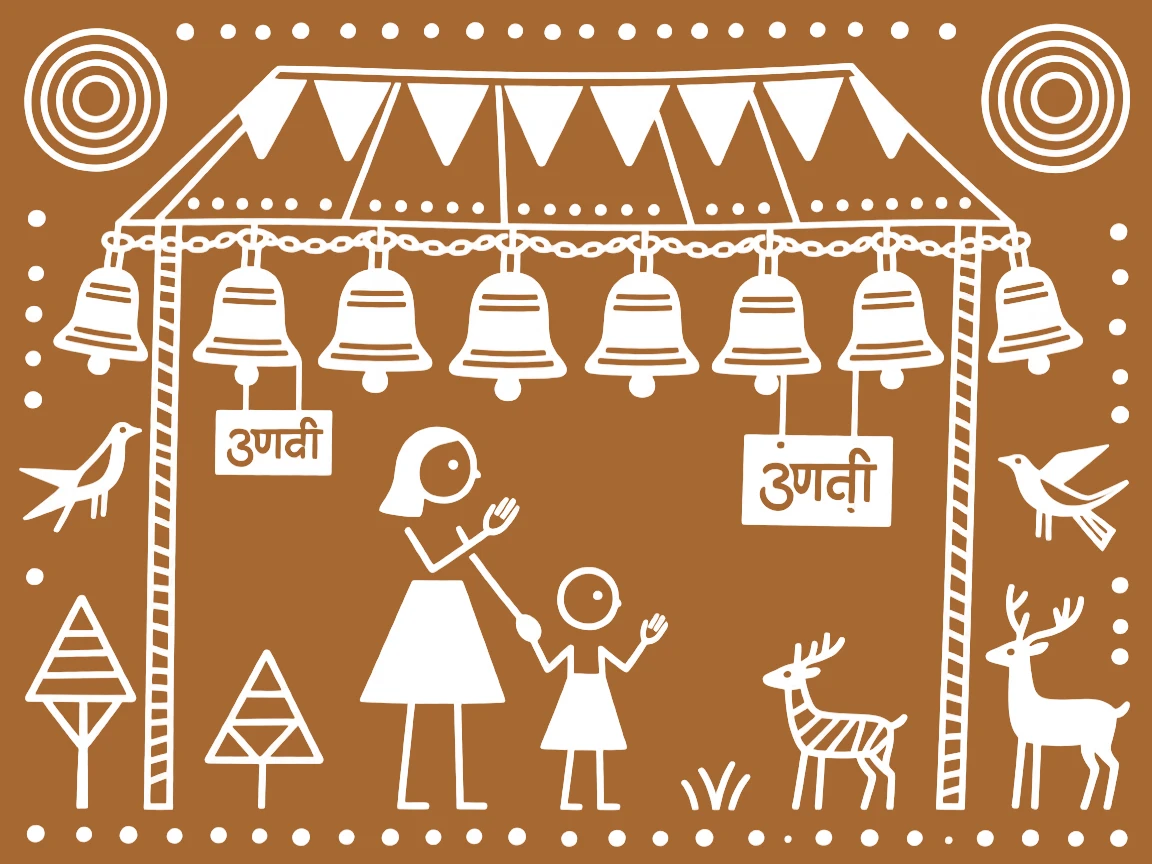A family of worshippers beneath a canopy of temple bells.