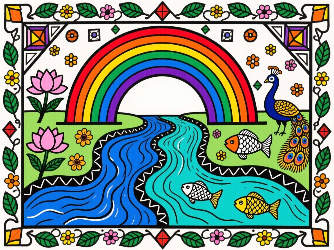 Two rivers merging peacefully into one beneath a rainbow.