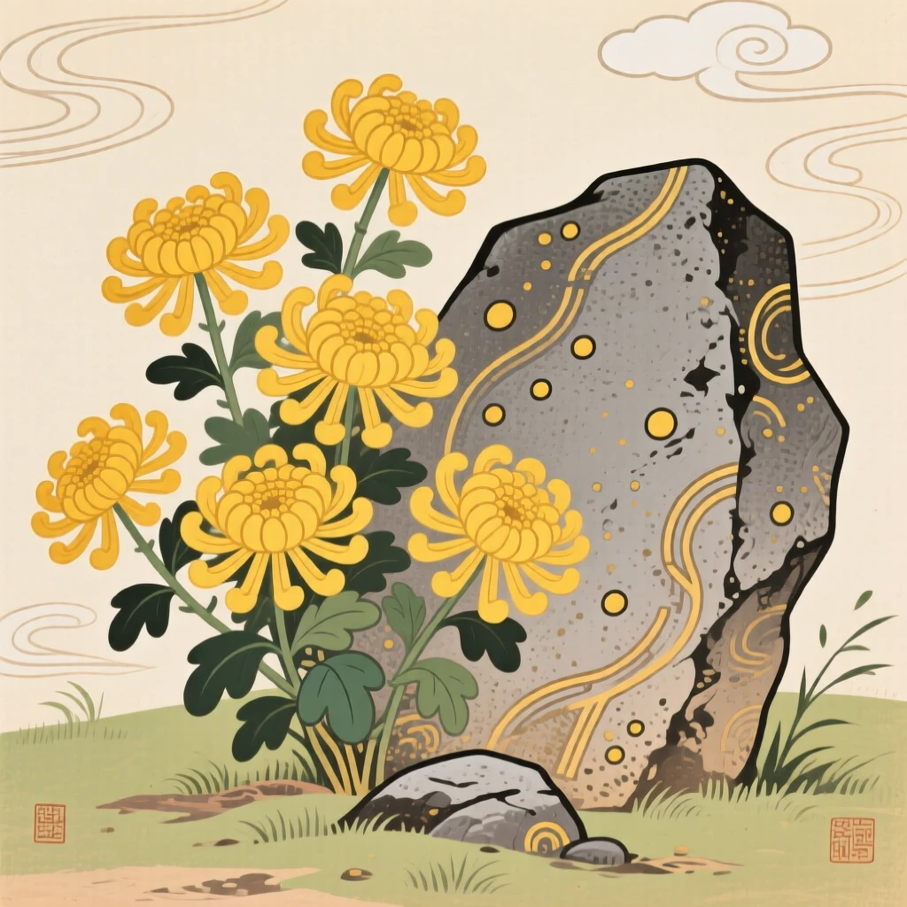 A cluster of golden chrysanthemums beside an old stone, symbolizing quiet resilience.