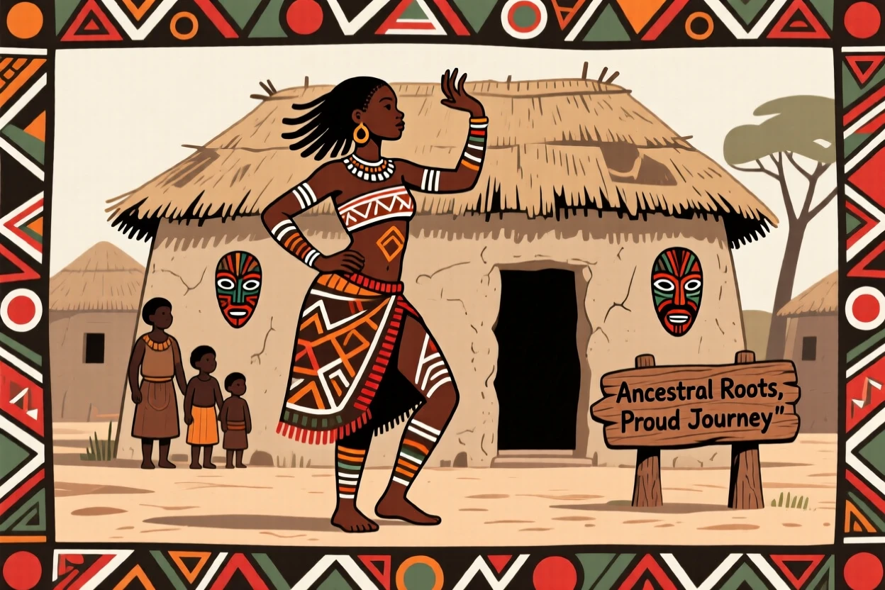 A graceful young dancer standing proudly in front of the family homestead.