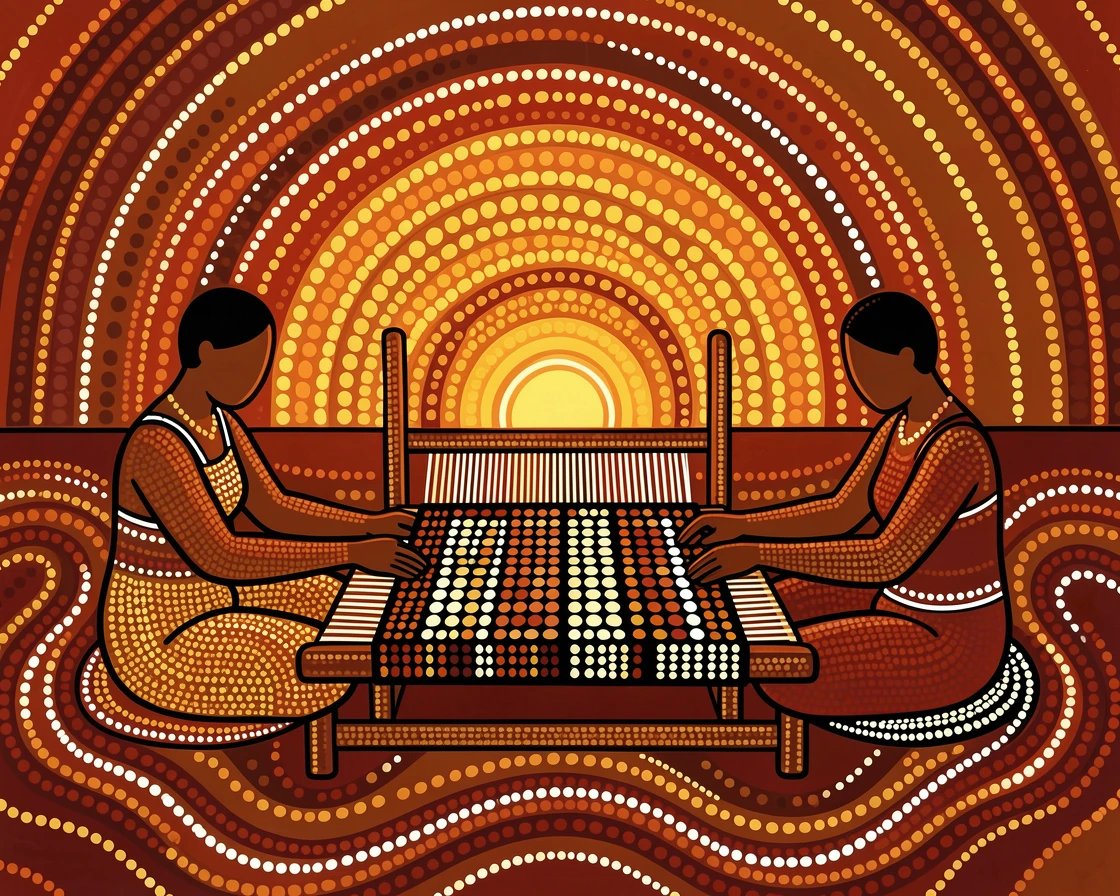 Weavers creating patterns on a traditional loom at sunset