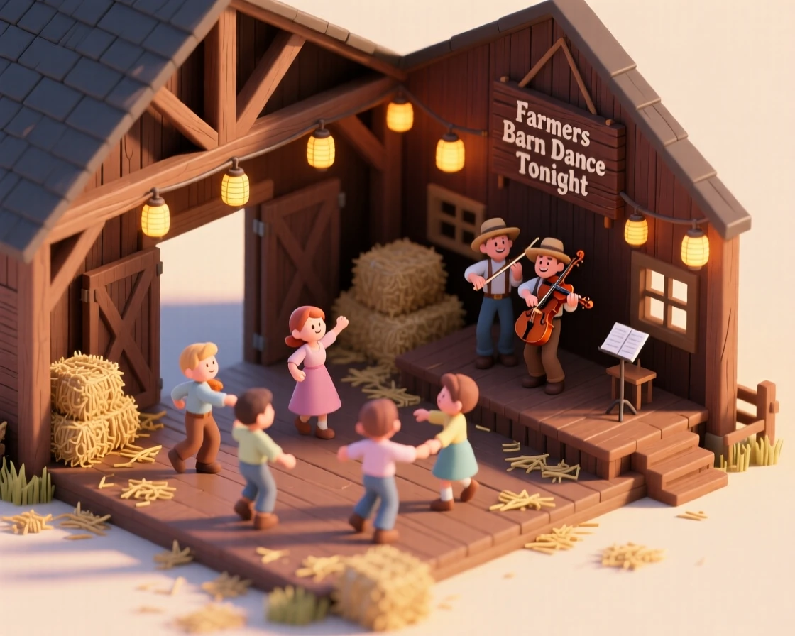 A bustling farmers barn dance with fiddlers playing, couples spinning across a hay-strewn floor, and lanterns strung overhead.