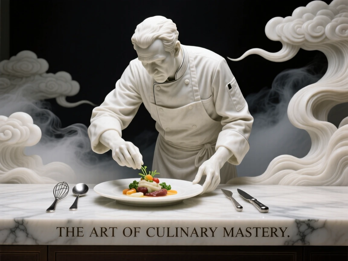 An evocative depiction of a chef plating a beautifully arranged dish, amid swirling clouds and mist, balancing detail with emotional depth