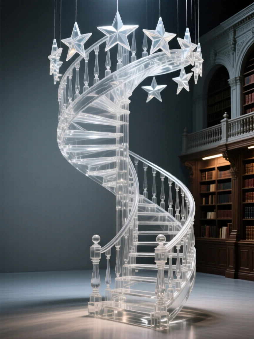 A grand staircase spiraling upward inside an old library, beneath a canopy of stars just beginning to appear