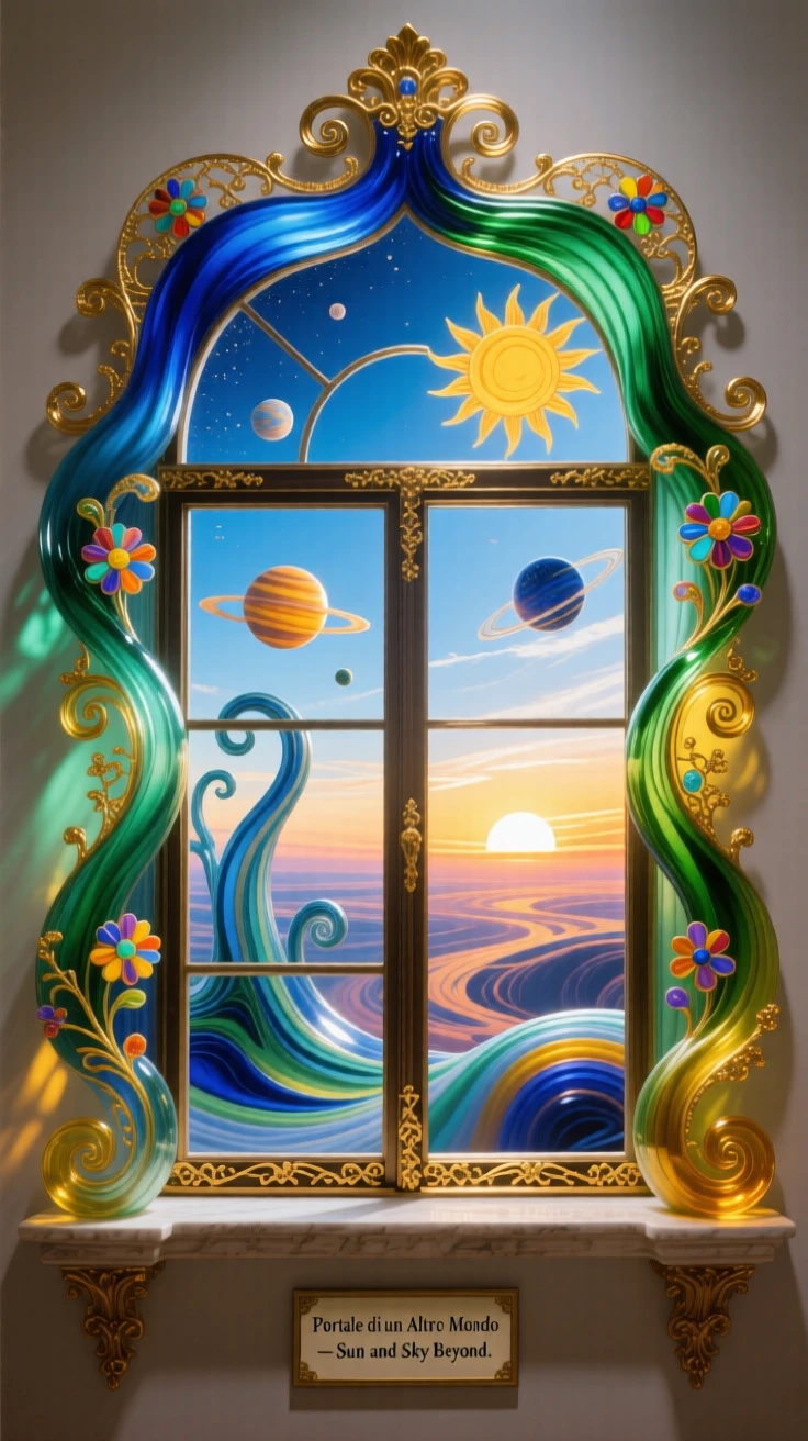 A window opening onto a completely different world with its own sun and sky, surreal and mysterious.