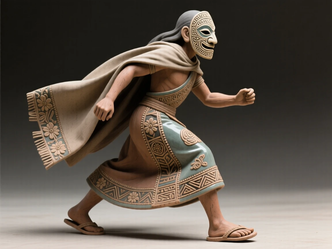 A mask-wearing ceremonial dancer striding forward with purposeful authority, draped in richly embroidered ceremonial cloth, evoking reverence for ancient tradition.