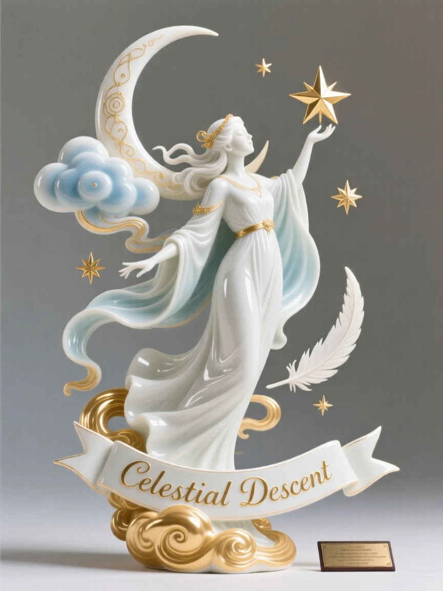 A mythological moment: a celestial star maiden descending from golden clouds, surrounded by symbols of divine power.