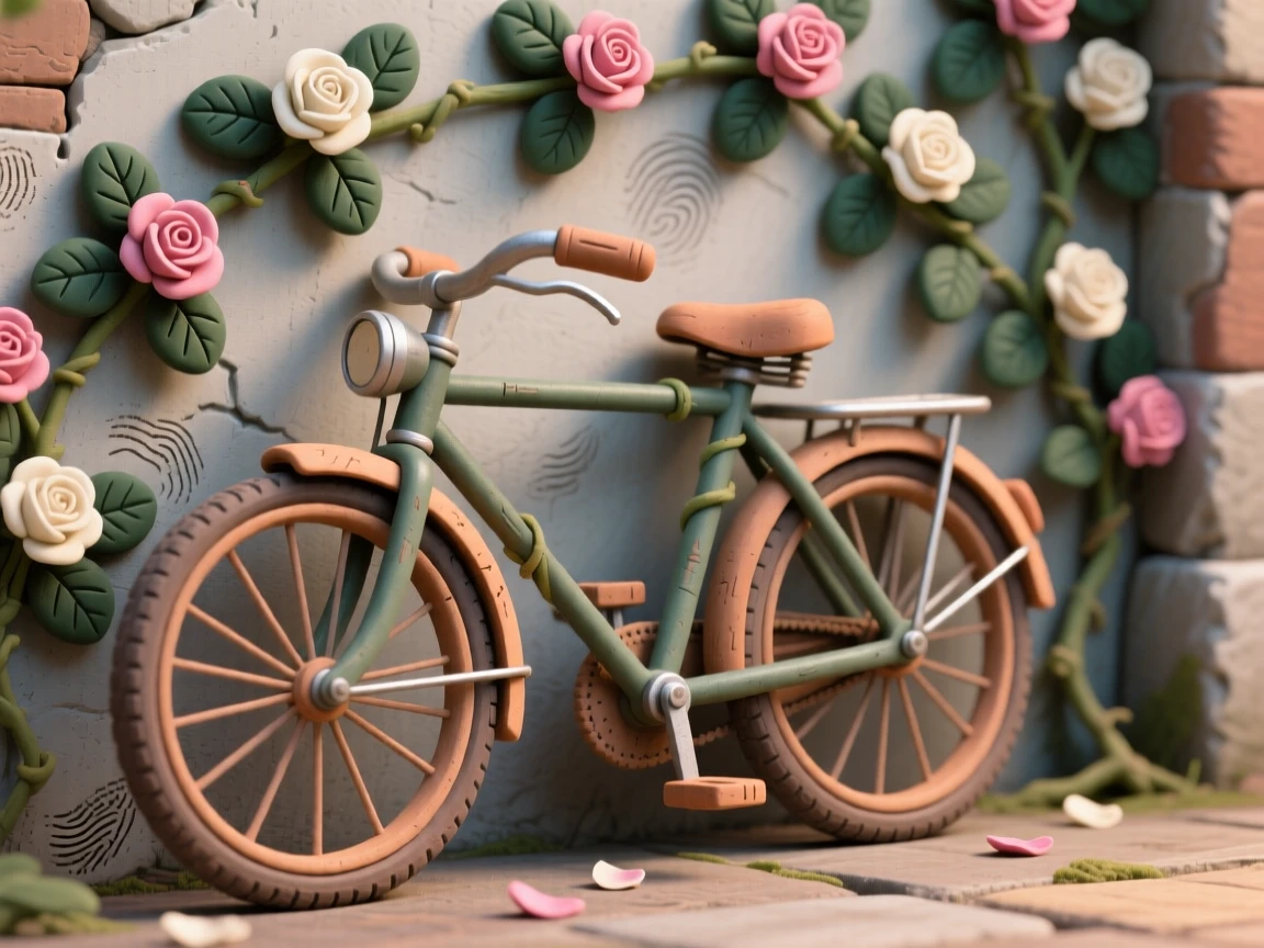 A vintage bicycle leaning against a wall covered in climbing roses