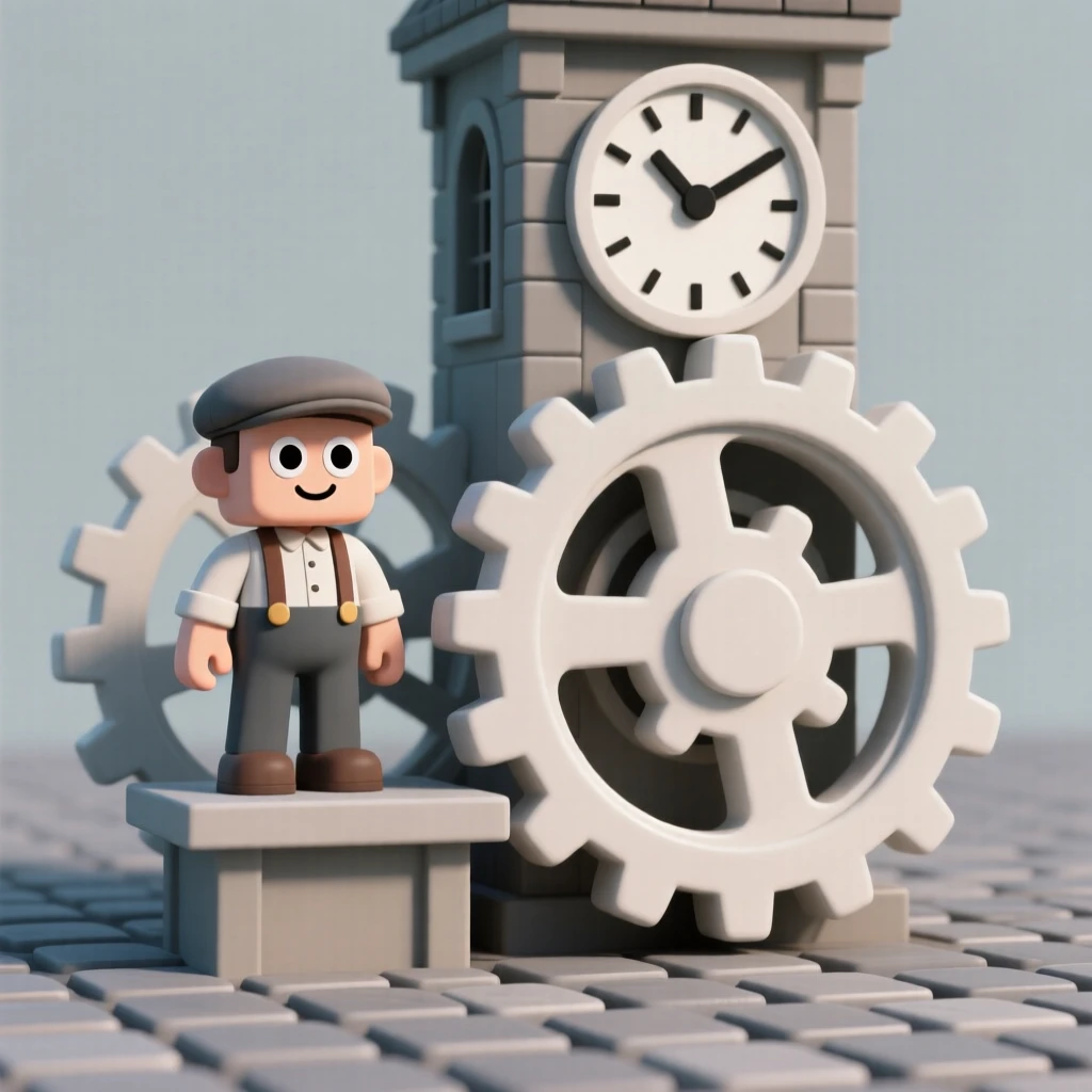 A proud town clockmaker winds the enormous gears of a tower clock overlooking a cobblestone square.