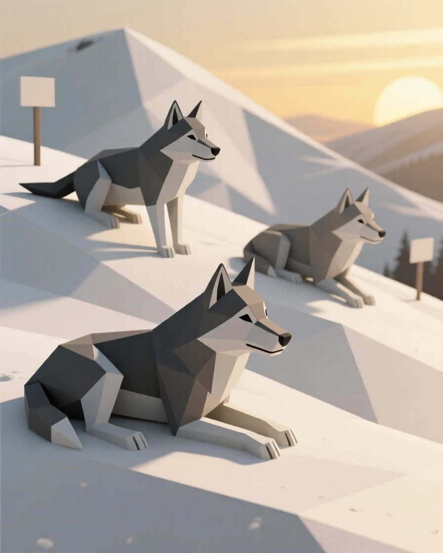 A wolf pack resting on a snowy hillside, beneath a soft golden sunrise. delicate detail is visible in the fur and eyes. A gentle, peaceful stillness fills the air.