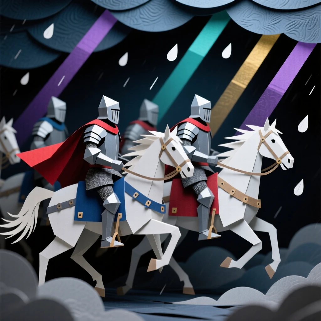 A band of armored knights riding through a storm-lit sky, with shafts of colored light piercing the darkness, capturing epic scale and wonder.