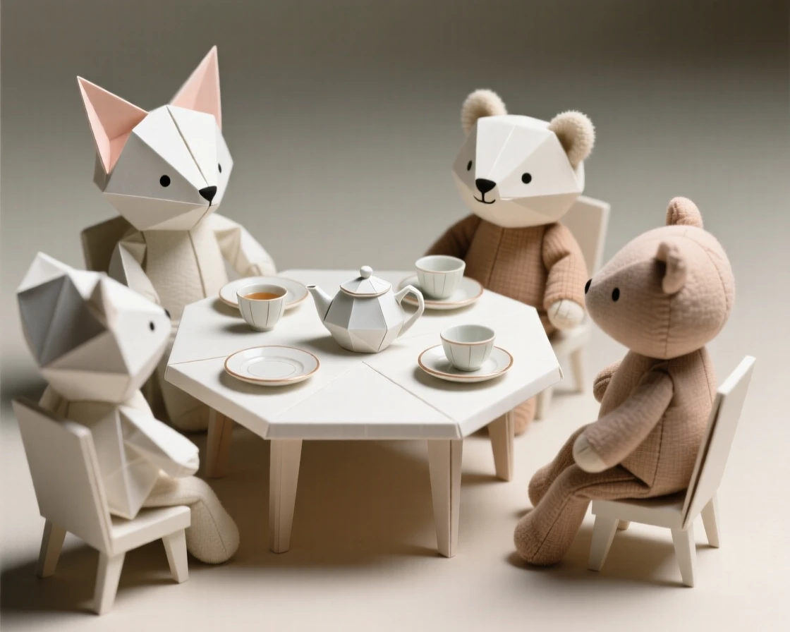 A tea party scene with stuffed animals seated around a tiny table set with toy dishes.