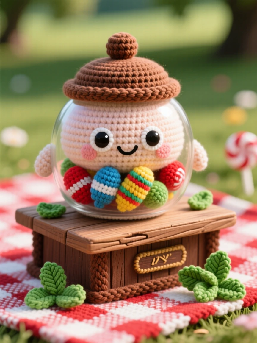 a cheerful candy jar character, filled with colorful striped sweets, is shown sitting on an old-fashioned shop counter on a checkered picnic blanket in a park beside a scattering of fresh mint leaves, capturing a cozy sense of shared treats.