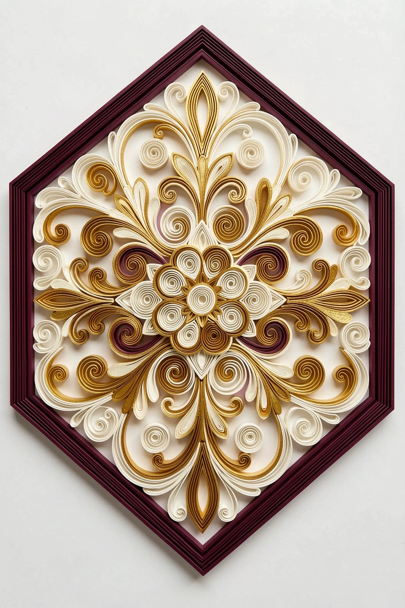 a formal damask-inspired medallion pattern, presented within a hexagonal frame, composed with a strong central focal point, in shades of gold, ivory, and deep burgundy.