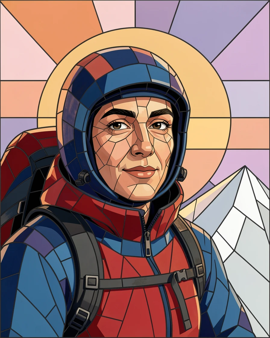 A close-up emotional portrait of a mountaineer standing triumphantly atop a snowy peak at sunrise, with striking eyes and gentle expression.