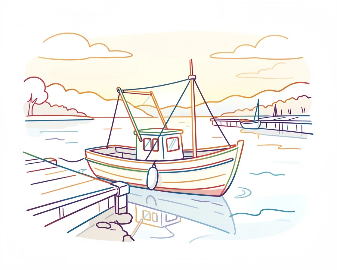 A small fishing boat docked at a quiet harbor at sunrise.