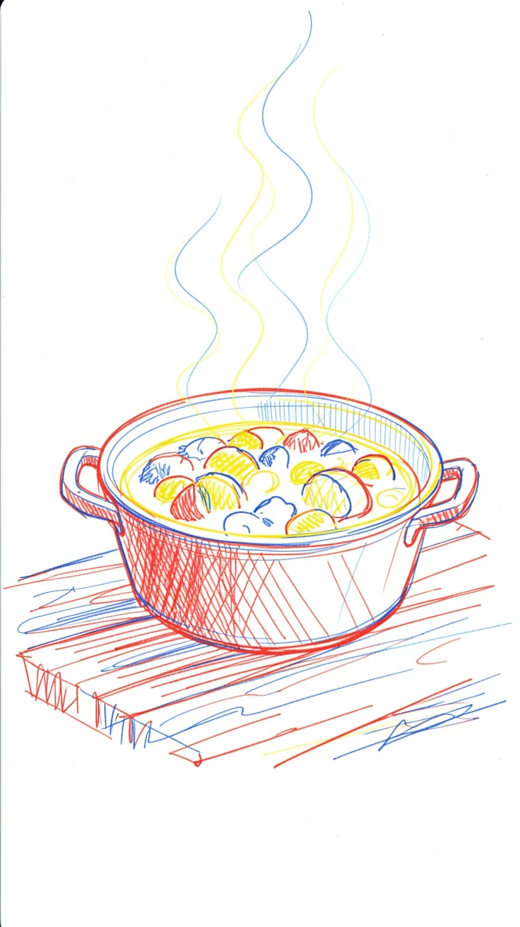 A rustic wooden table set with a steaming pot of hearty vegetable stew
