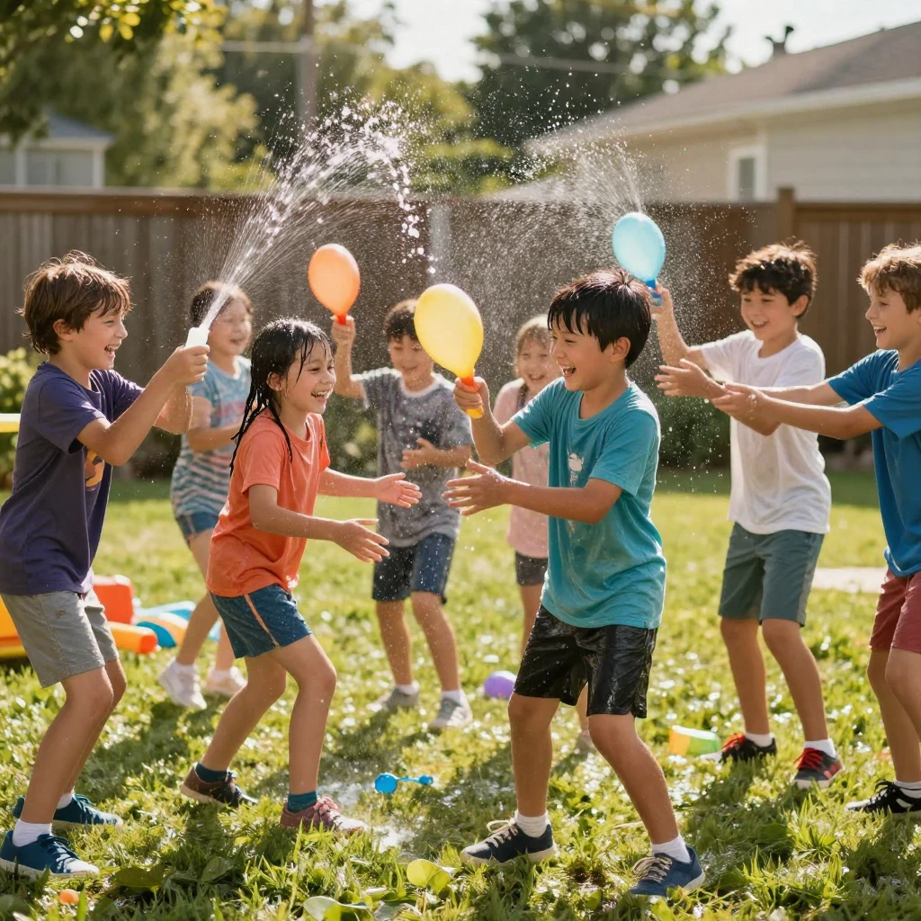 A candid photo of children laughing during a water balloon fight
