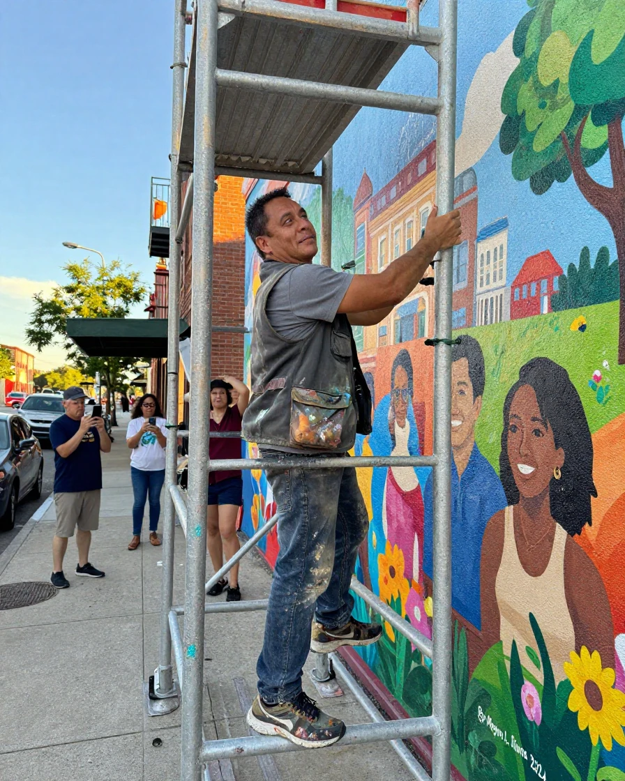 A muralist climbs down from scaffolding to admire a finished community mural.