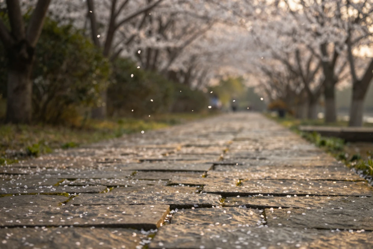 Cherry blossom petals drifting across a quiet stone path in early spring