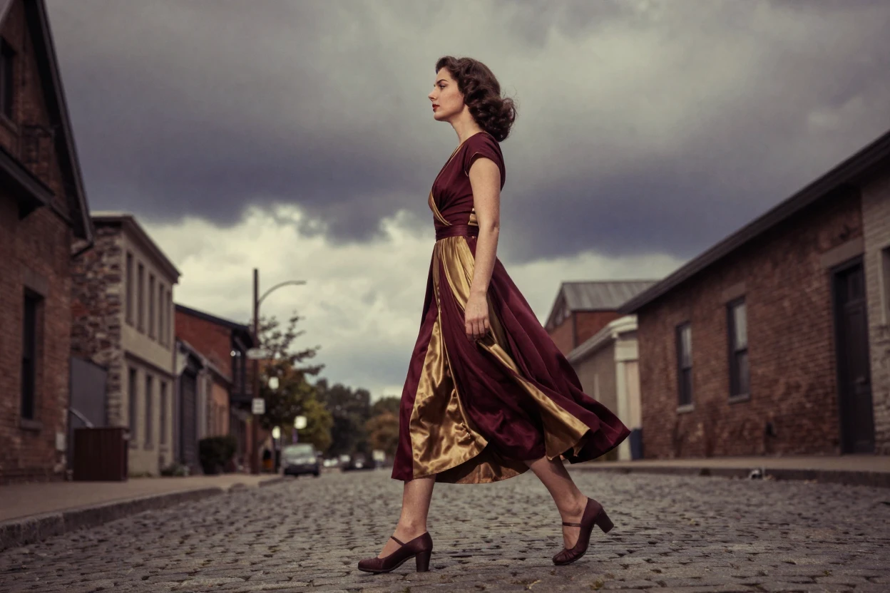 A woman in a flowing vintage dress walking along a cobbled street, under a pale winter sky, under a darkening storm sky, in the height of summer, with rich burgundy and gold accents, from a three-quarter angle.