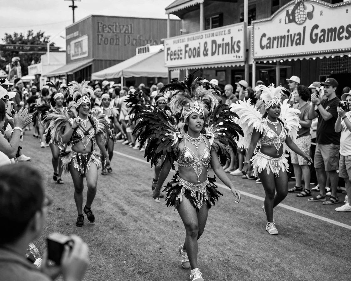 A group of carnival performers parade in elaborate feathered costumes down a crowded festival avenue.