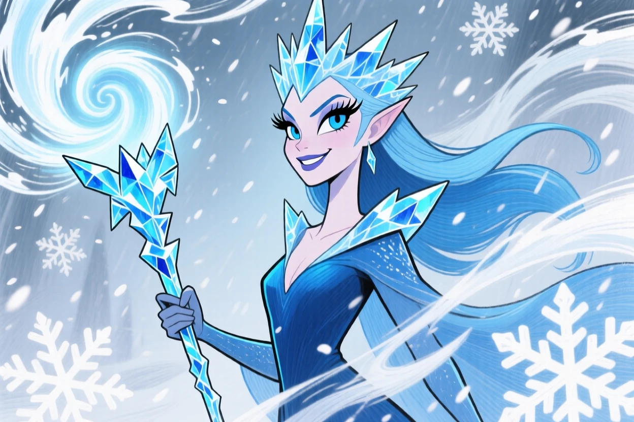 An ice queen conjuring a blizzard with a wave of her crystalline staff.