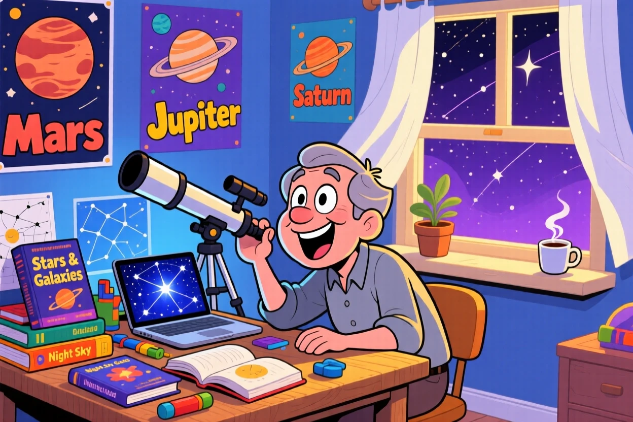 An everyday-life snapshot of an amateur astronomer, surrounded by all the tools of their craft, as soft light streams through a nearby window.