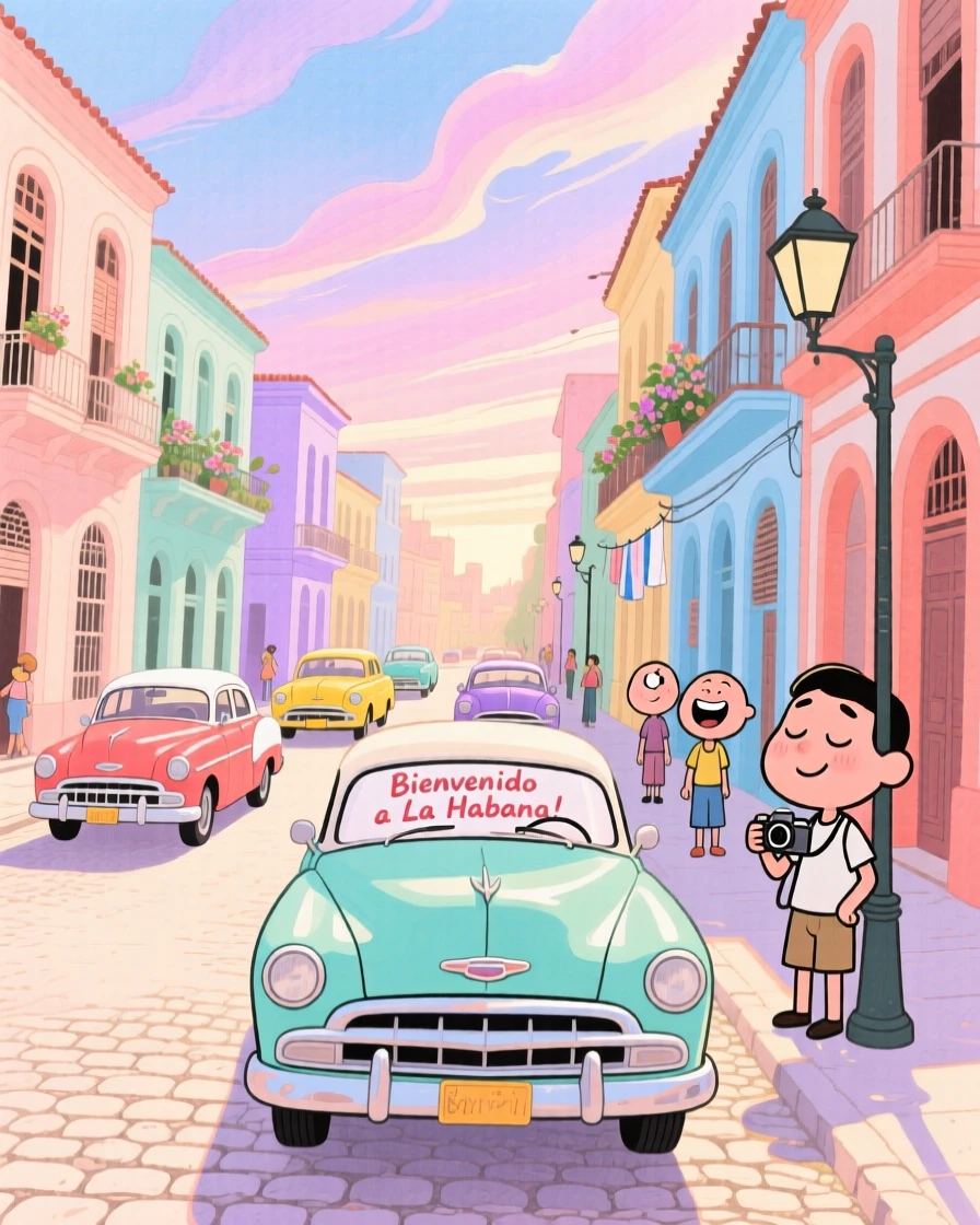 A dreamy travel postcard scene of the streets of Havana lined with vintage cars under a dramatic pastel sky