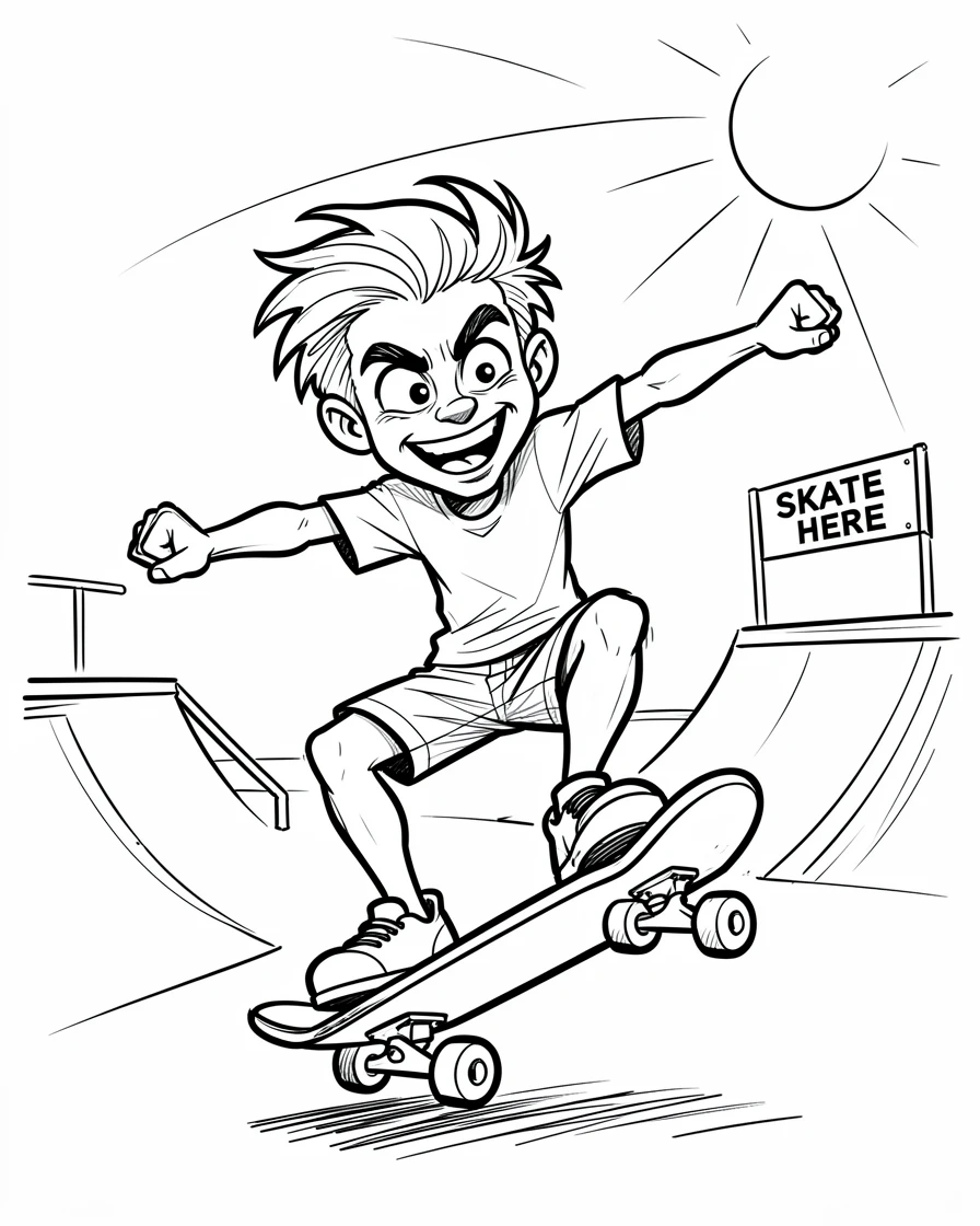 [Trending & Universal Topics] Modern lifestyle scene of a skateboarder landing a perfect trick at a sunny skate park, capturing everyday joy