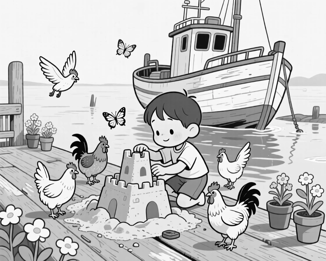 A child building an elaborate sandcastle at low tide, getting swarmed by hungry, flapping hens, set on a weathered fishing boat deck. Butterflies drift lazily between the blossoms. It radiates the down-to-earth charm of life outdoors.